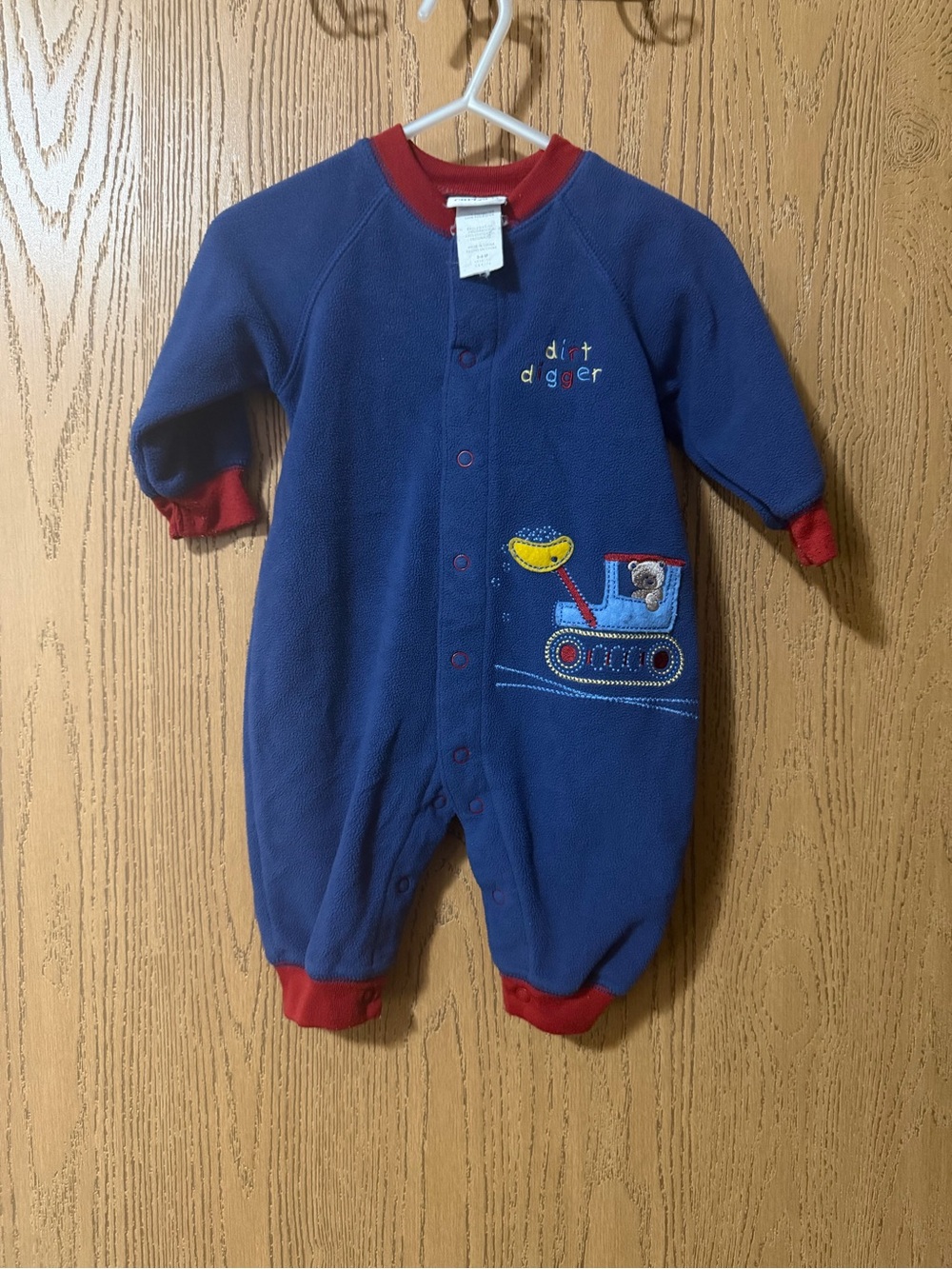 Vintage Carter's Navy Blue Footed One-Piece with Red Trim and Excavator Motif